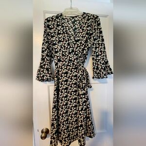 SHEIN Green Floral Long Sleeve Wrap Dress